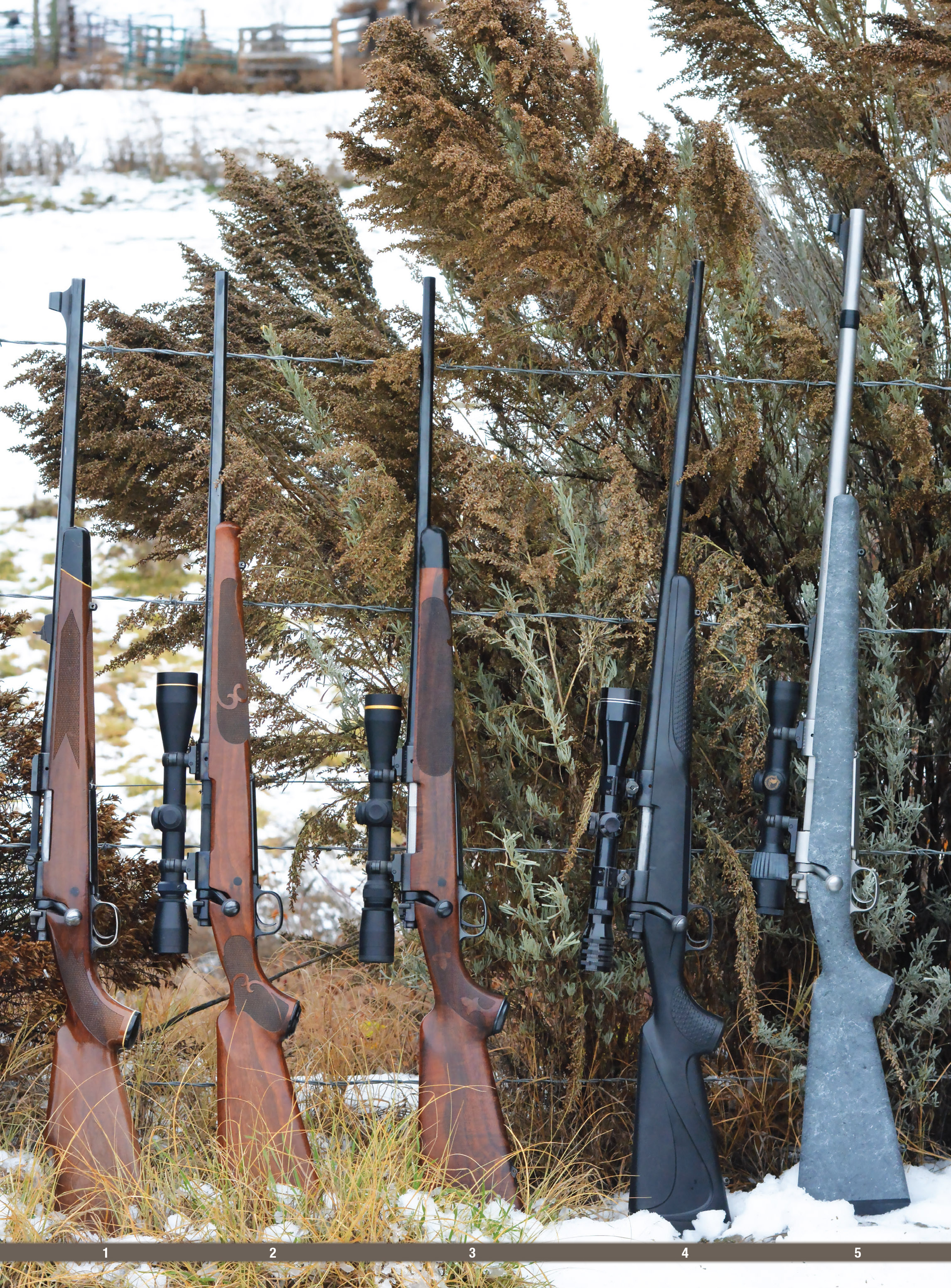 The Winchester post-’64 Model 70 is popular with hunters and shooters. Examples include: (1) Standard 30-06, (2) Classic Featherweight 280 Remington, (3) Jack O’Connor tribute rifle, (4) Black Shadow 7mm WSM and (5) Classic Stainless 375 H&H Magnum.
